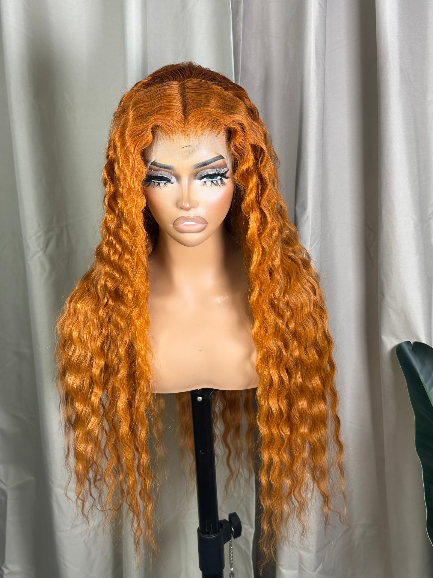 Diva ginger curly lace wig with deep center part, front view