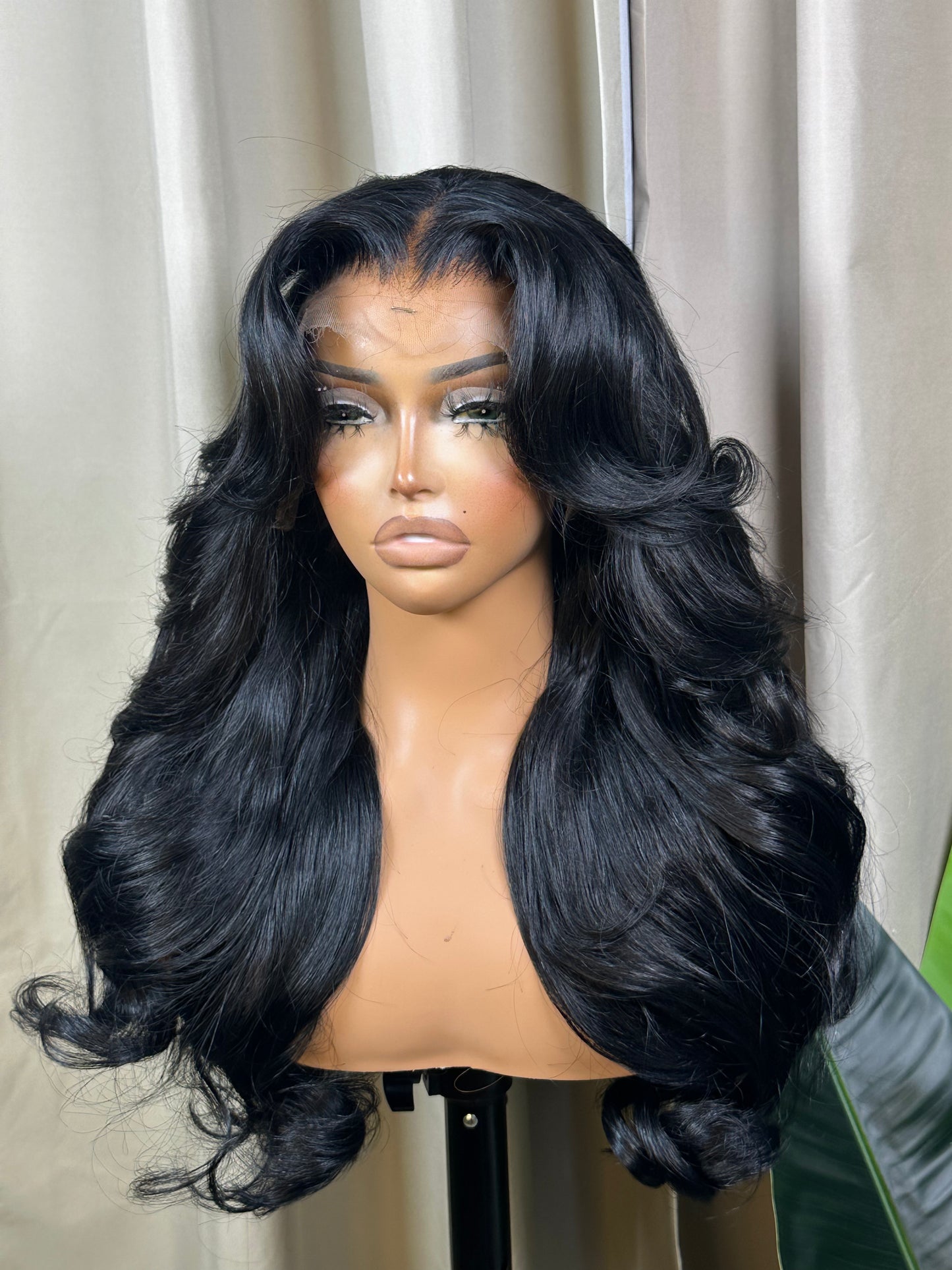 Jane bold voluminous black human hair wig, front view