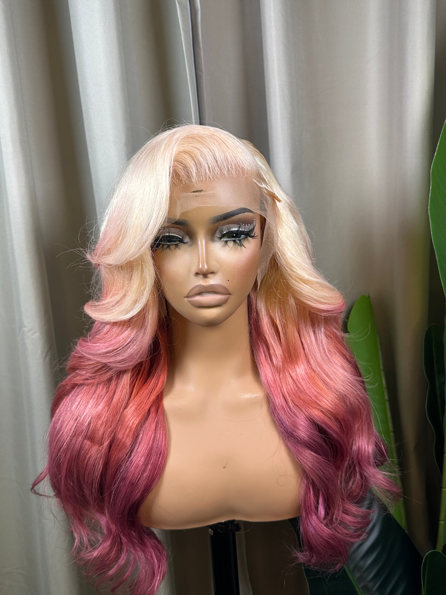 Diana blonde to pink ombre HD lace wig, wavy curls, front view
