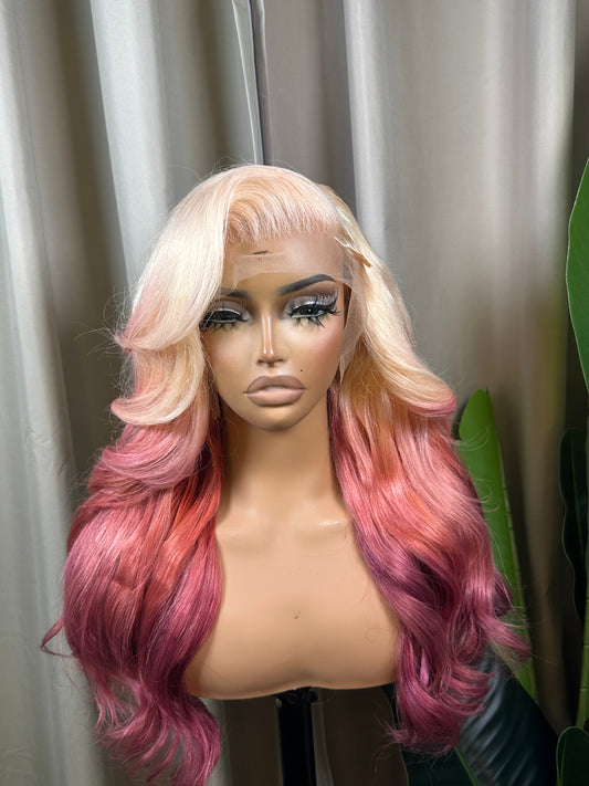 Diana blonde to pink ombre HD lace wig, wavy curls, front view