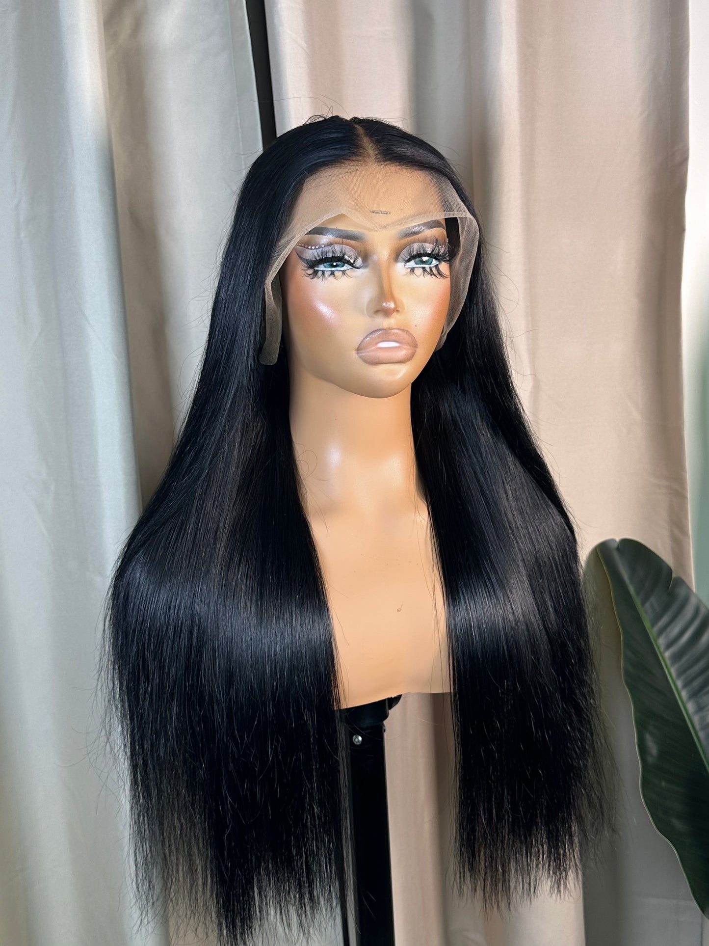 Sarah jet black full HD lace wig, sleek middle part, front view