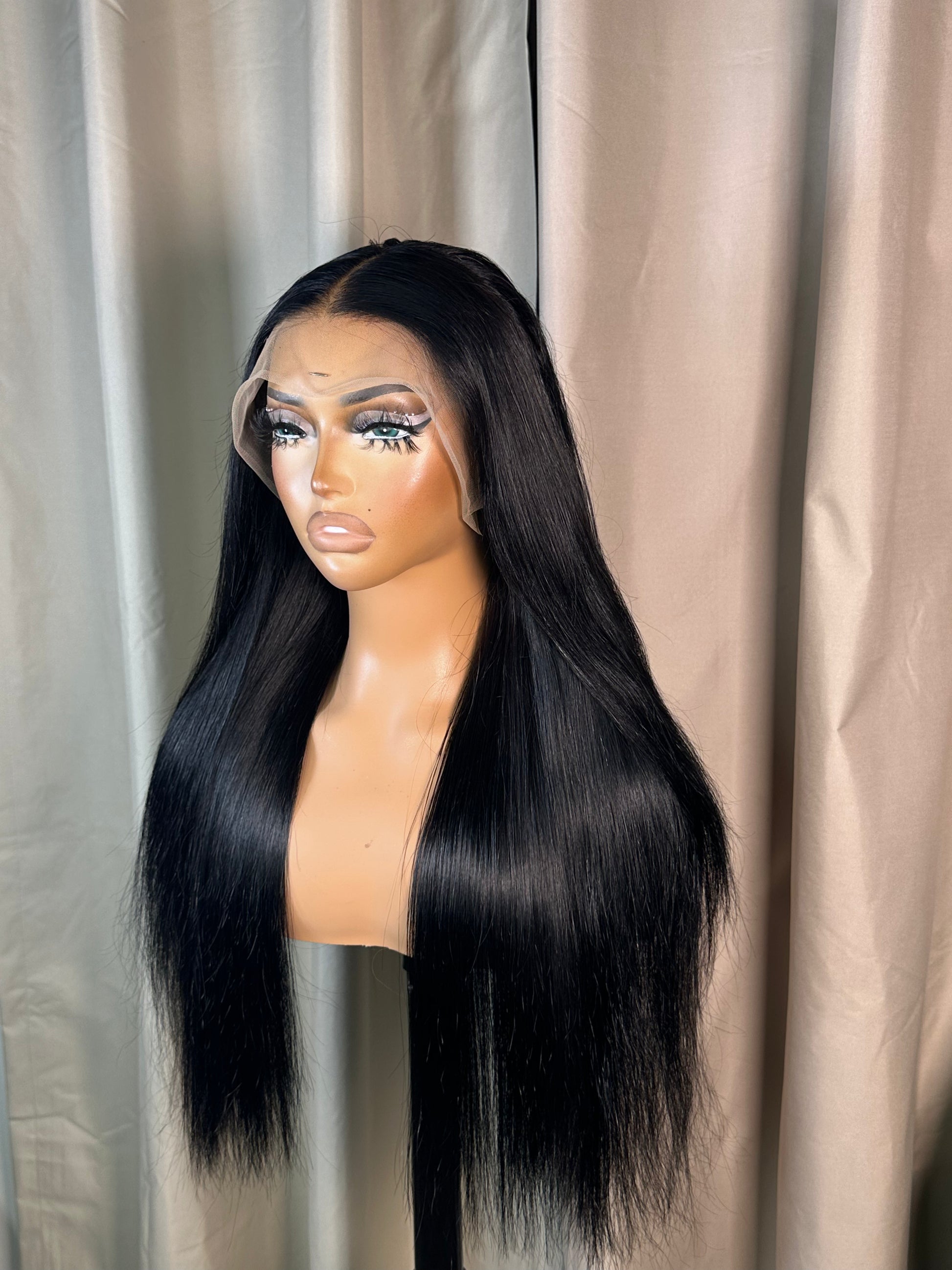 Sarah jet black straight wig, full HD lace, side angle